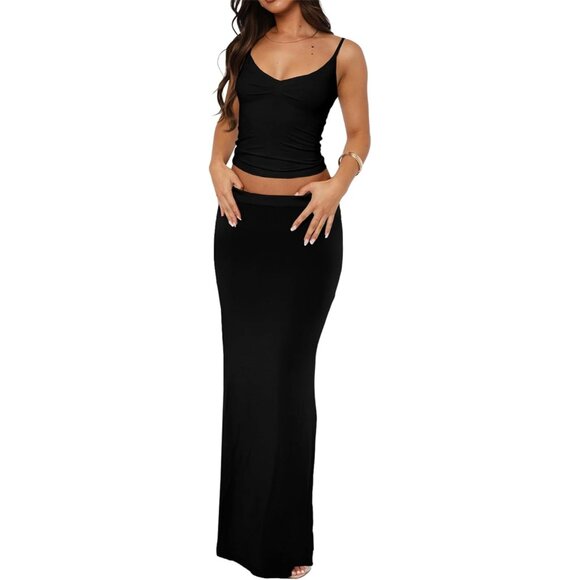 Women's Black Two Piece Sets Sleeveless Spaghetti Pleated Tank Top Maxi Skirt